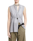 Sleeveless Striped Monili-Tab Shirt, Multi