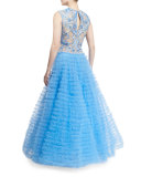 Sleeveless Embroidered-Bodice Ball Gown, French Blue