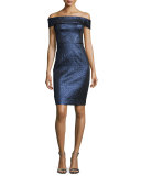 Off-the-Shoulder Metallic Sheath Dress, Sapphire