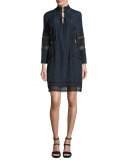 Pintucked Silk Lace-Trim Dress, Midnight