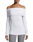 Folded Off-the-Shoulder Long-Sleeve Top, White