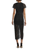 Short-Sleeve Lace Overlay Midi Dress, Black 
