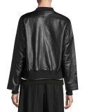 Drop-Shoulder Leather Bomber Jacket, Black