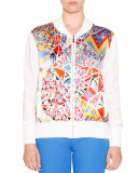 Printed Zip-Front Cardigan, Celeste/Multi Colors