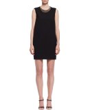 Beaded-Neck Sleeveless Shift Dress, Black