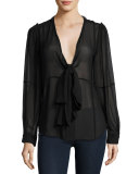 Windowpane Long-Sleeve Silk Chiffon Shirt, Black