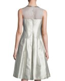 Sleeveless Taffeta Illusion Cocktail Dress, Platinum