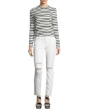 Maria High-Rise Distressed Skinny Jeans with Raw Hem, White Mercy