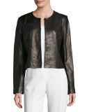 Collarless Cropped Pebbled Leather Jacket, Black