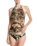 Vintage Floral Two-Piece Tankini Swimsuit Set, Black/Brown