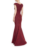 Cap-Sleeve Floral-Print Sweetheart Gown, Red/Multi
