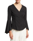 Sofia Bell-Sleeve V-Neck Poplin Blouse