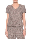 Short-Sleeve V-Neck Boucle Top, Camel/Gray