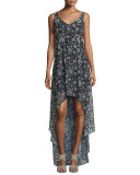 Sleeveless Floral High-Low Cocktail Dress, Black/Multicolor