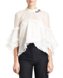 Ruffled Crystal 3/4-Sleeve Blouse, White