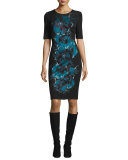 Floral-Jacquard Crewneck Knit Dress, Caviar/Multi