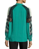 Raine V-Neck Silk Blouse w/ Lacy Printed Sleeves, Jade Multi