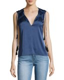 Sleeveless Tassel-Trim V-Neck Blouse, Blue-Gray