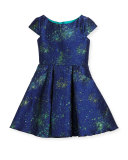 Cap-Sleeve Celestial Jacquard Fit-and-Flare Dress, Blue, Size 7-16