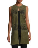 Long Suede & Lace Topper Vest, Olive