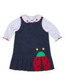 Pleated Corduroy Ladybug Dress w/ Blouse, Navy/White, Size 2-4