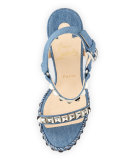 Cataclou Denim 140mm Wedge Red Sole Sandal, Blue/Silver