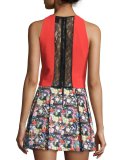 Ren Sleeveless Lace-Trim Crepe Top, Poppy/Black