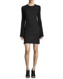 Ribbed-Sleeve Crepe Sheath Dress, Black