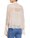 Long-Sleeve Sheer Chiffon Ruffle Blouse, Powder