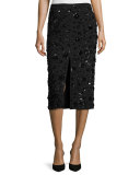 Sequined-Floral Front-Slit Pencil Skirt, Black