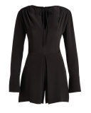 Long-Sleeve Split-Neck Romper, Black