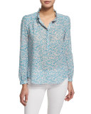 Button-Front Floral-Print Semisheer Blouse, Turquoise/Combo