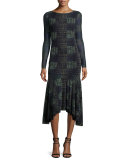 Long-Sleeve Plaid Handkerchief-Hem Midi Dress w/ Faux Necklace Print, Copiativo