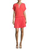 Bryton Smocked-Waist Blouson Dress, Coral