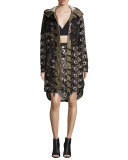 Long Floral-Lace Satin Parka, Khaki Multi