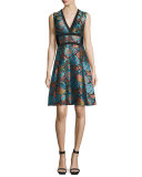 Floral Brocade V-Neck Corset Dress, Blue/Black/Turquoise