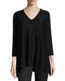 Bristol V-Neck 3/4-Sleeve Sweater, Caviar/Silver