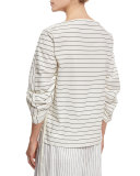 Striped Shirting Boat-Neck Top, White