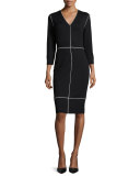 Long-Sleeve Two-Tone Sheath Dress, Black
