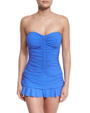 Waterfall Ruched Sweetheart Swimdress, Blue