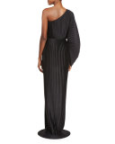 Torrance One-Shoulder Pleated Chiffon Maxi Dress, Black