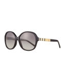 Rounded-Square Check-Trim Sunglasses, Black