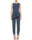 Boulder-Print Peplum Top, Navy