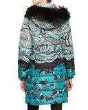 Fox-Trim Hooded Floral Puffer Jacket, Teal