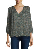 Celosia 3/4-Sleeve Paisley Silk Top