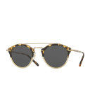 Remick Monochromatic Brow-Bar Sunglasses, Off White/Tortoise