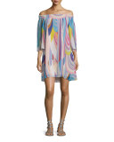 3/4-Sleeve Off-The-Shoulder Shift Dress, Multi Colors