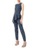 Boulder-Print Peplum Top, Navy
