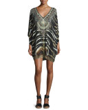 Embellished Batwing-Sleeve Dress, Zebra Crossing