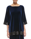 Velour Sequin-Trimmed Tunic, Navy 